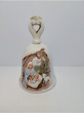 Vintage Homco Porcelain Bisque Bell, Nativity Scene, 5.75” Tall